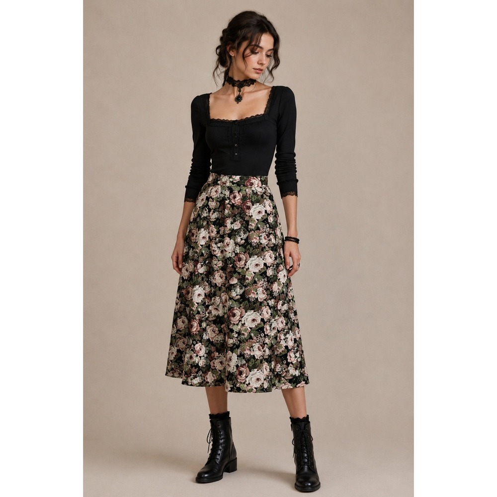 Vintage Lee Winter Floral Rose Midi Skirt Cottagecore Dark‎ Academia XS